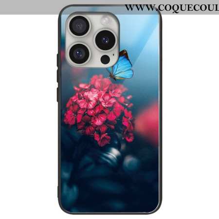 Coque iPhone 16 Pro Max Verre Trempé Fleurs et Papillon Bleu