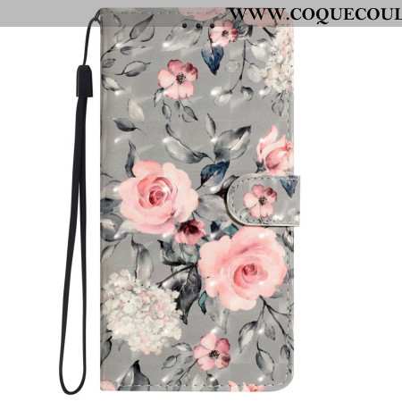 Housse iPhone 16 Pro Fleurs Roses sur Fond Gris à Lanière