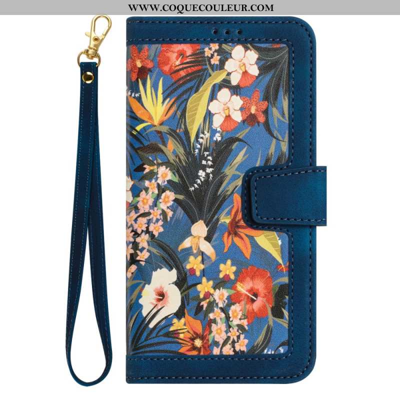 Housse iPhone 16 Portefeuille Motif Floral à Lanière