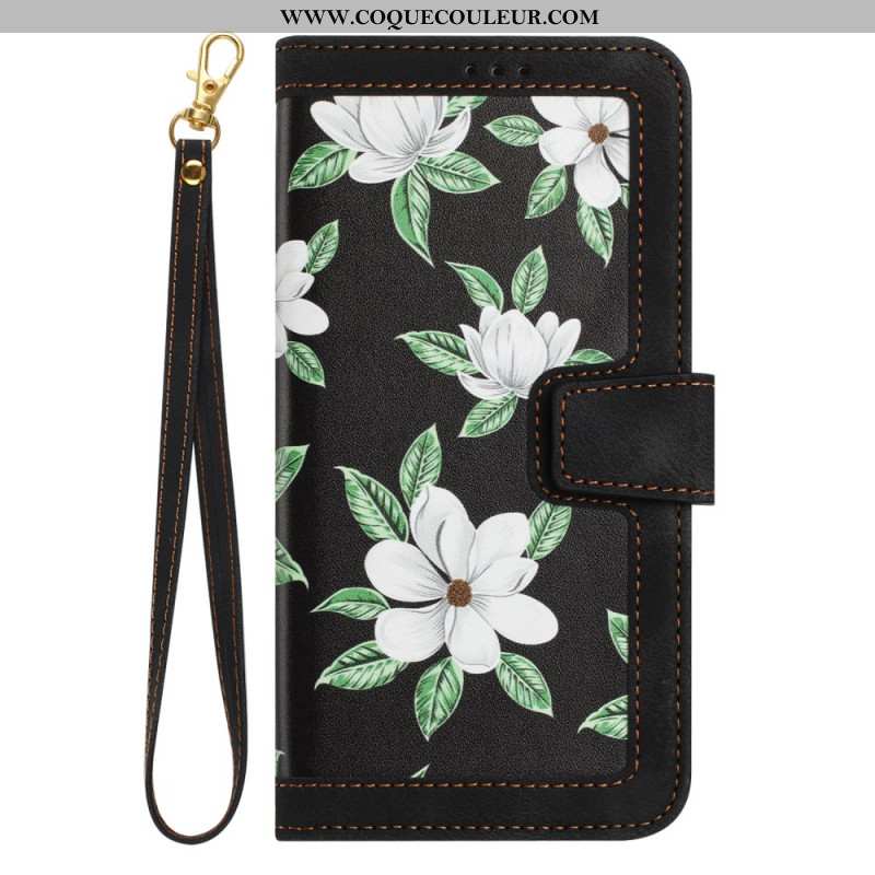 Housse iPhone 16 Portefeuille Motif Floral à Lanière