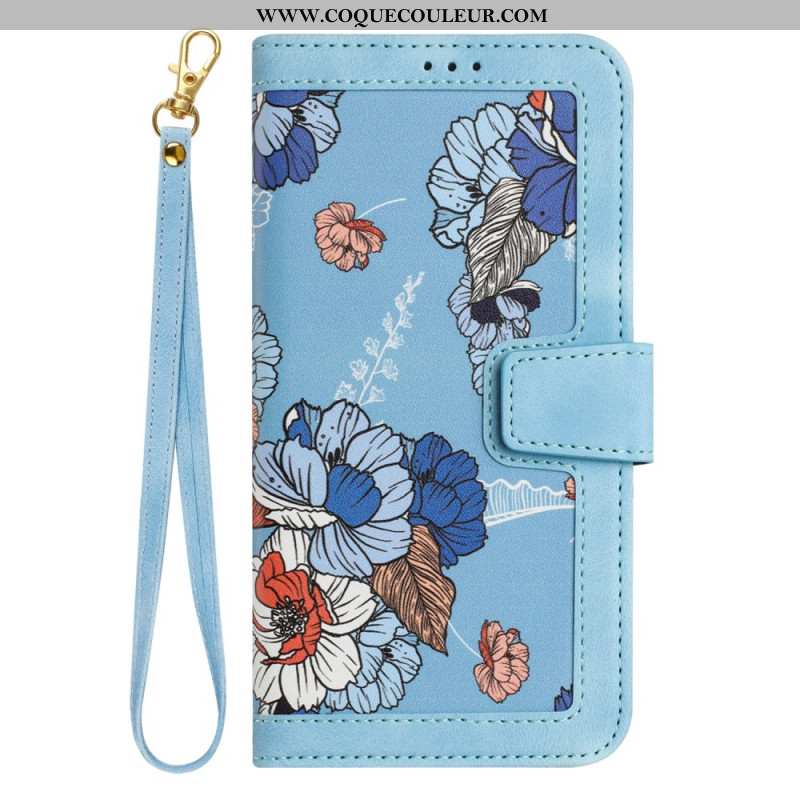 Housse iPhone 16 Portefeuille Motif Floral à Lanière