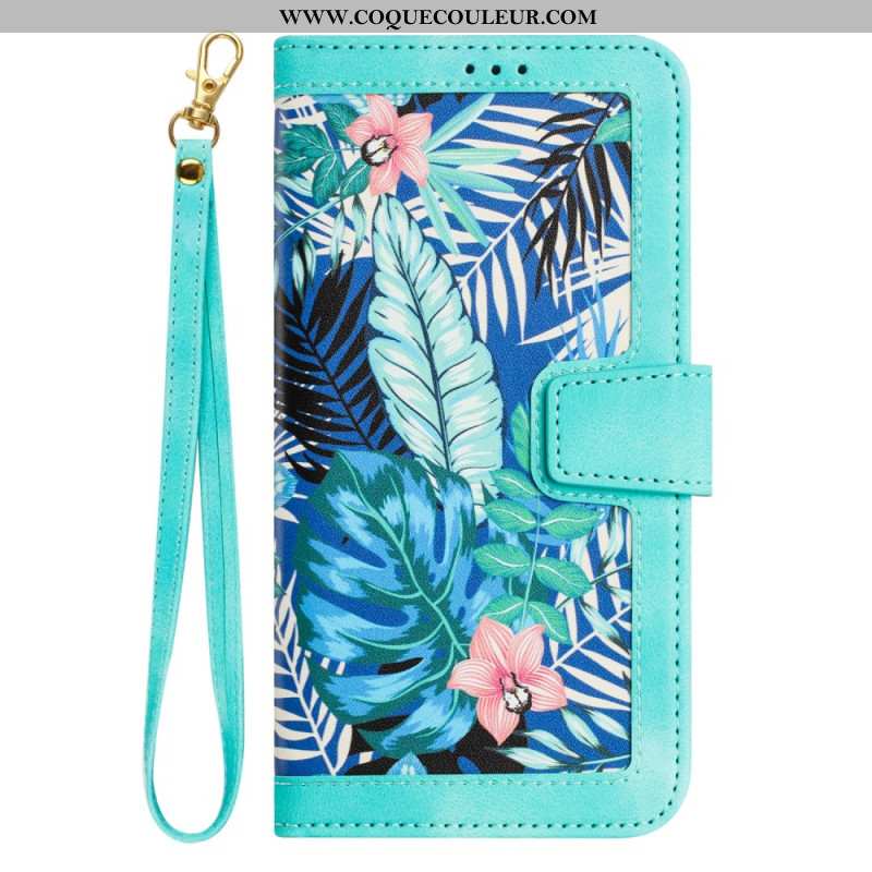 Housse iPhone 16 Portefeuille Motif Floral à Lanière