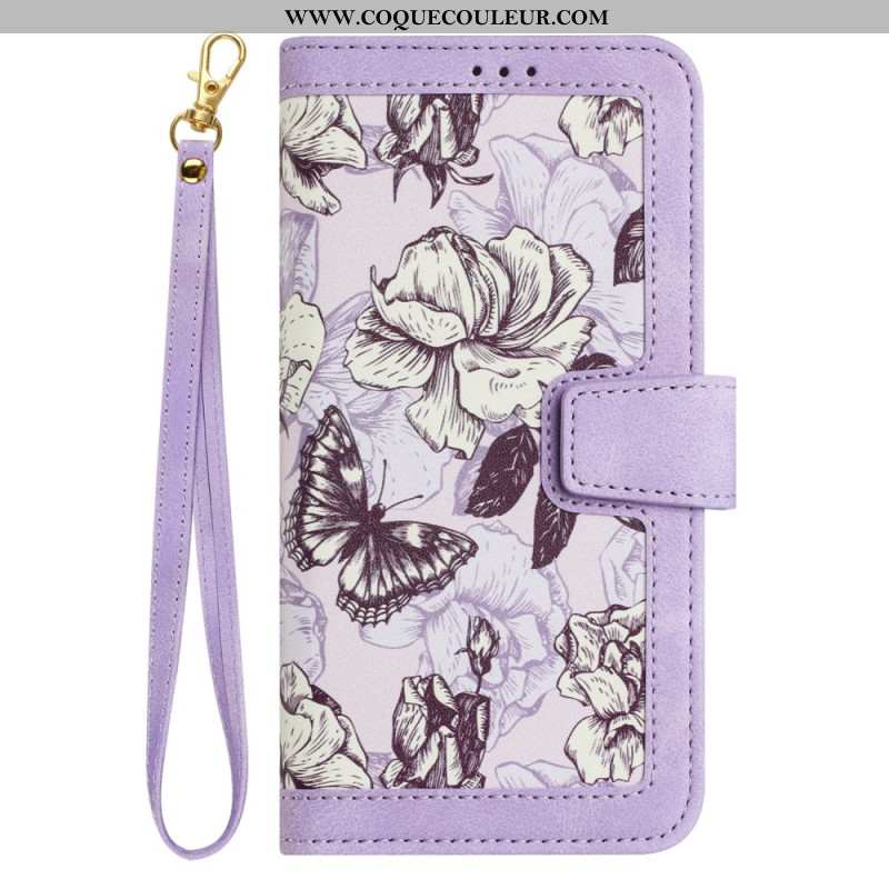 Housse iPhone 16 Portefeuille Motif Floral à Lanière