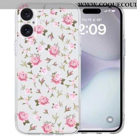 Coque iPhone 16 Bord Transparent Fleurs Roses