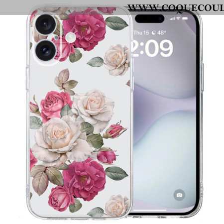 Coque iPhone 16 Bord Transparent Pivoines