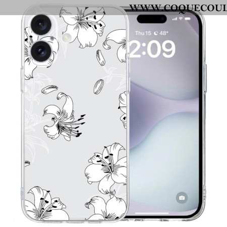 Coque iPhone 16 Bord Transparent Fleurs Blanches