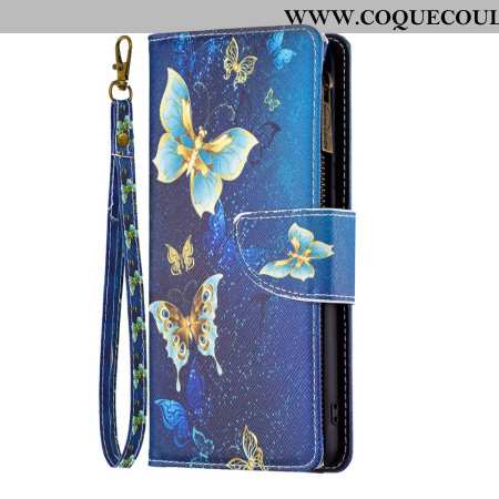 Housse iPhone 16 Portefeuille Papillons Dorés